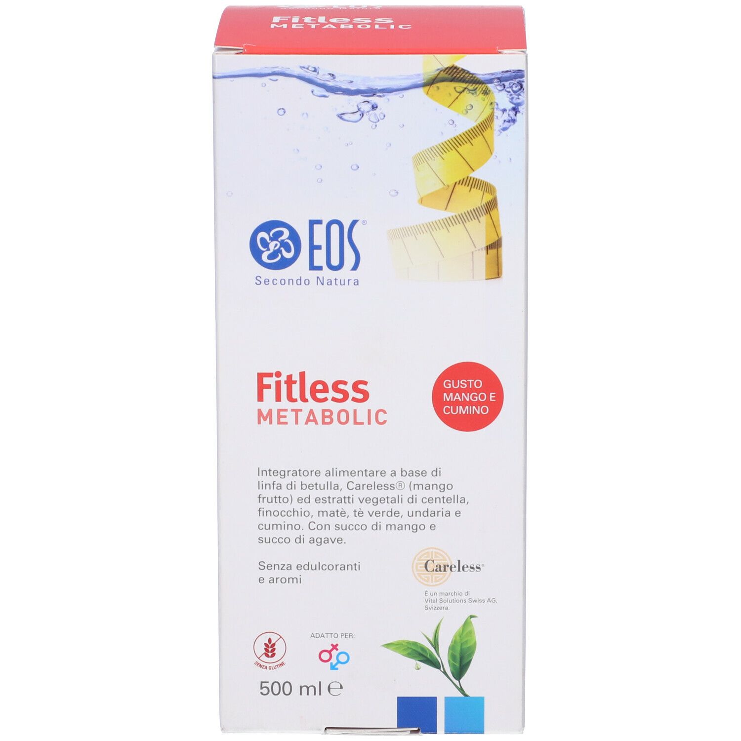 Scatola bianca con nome del prodotto e ingredienti. Gusto mango e cumino. 500 ml. Logo Eos.
