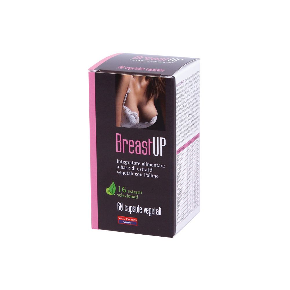 Scatola con immagine del prodotto. Testo: BreastUP, 68 capsule, 16 estratti. Colori rosa e nero.