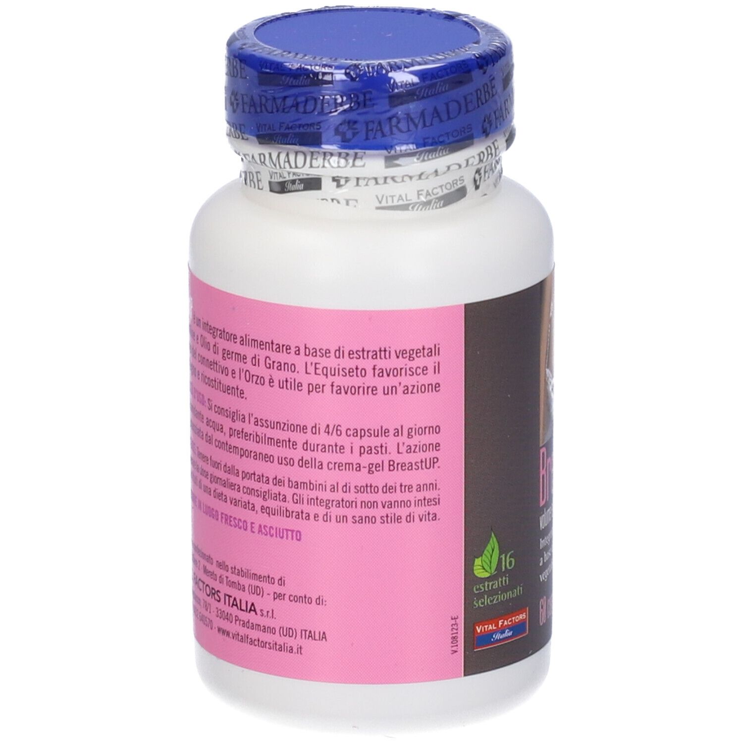 Flacone bianco con tappo blu. Etichetta rosa con testo. Retro con ingredienti e informazioni produttore.