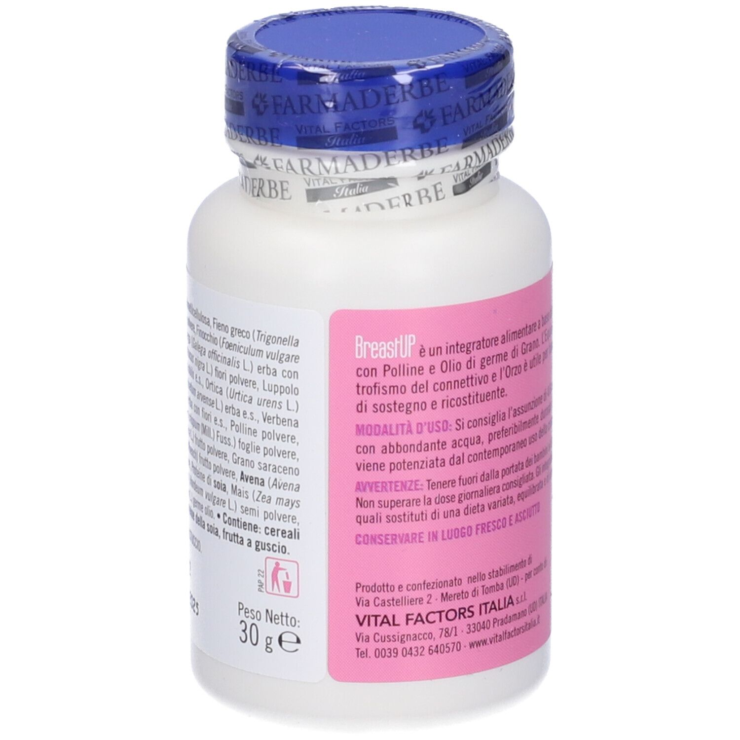 Flacone bianco con tappo blu. Etichetta rosa con testo. Testo: 30g. Informazioni produttore.