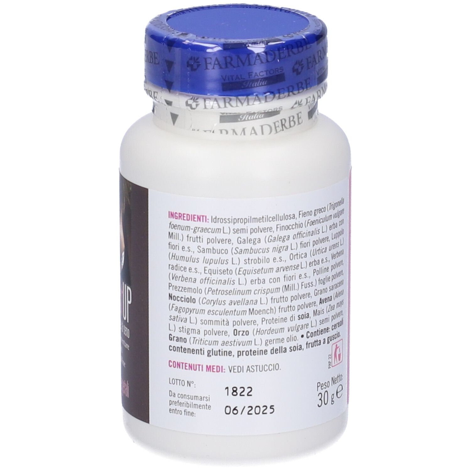 Flacone bianco con tappo blu. Etichetta rosa con testo. Testo: Ingredienti, 30g, scadenza.