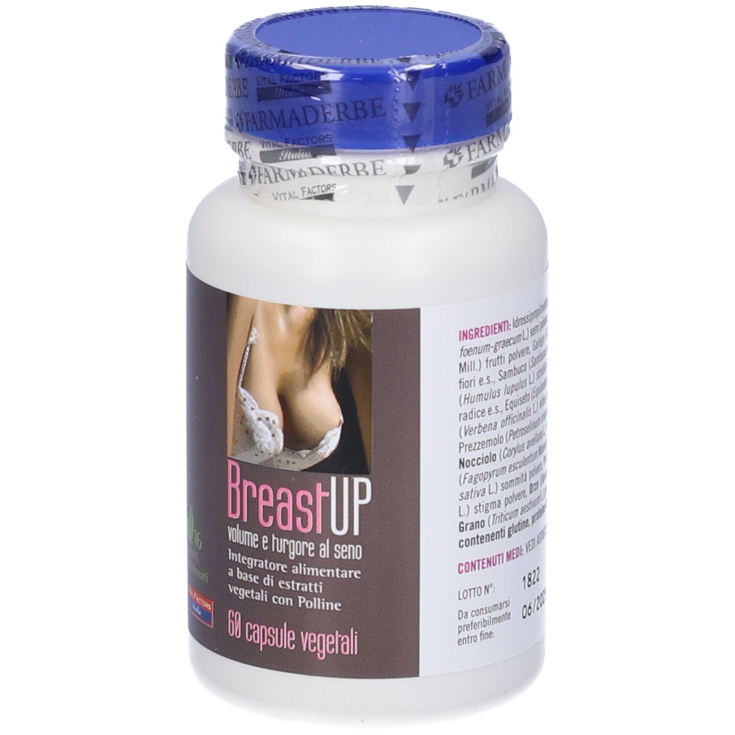 Flacone bianco con tappo blu. Etichetta rosa con immagine del prodotto e testo: BreastUP, 60 capsule.