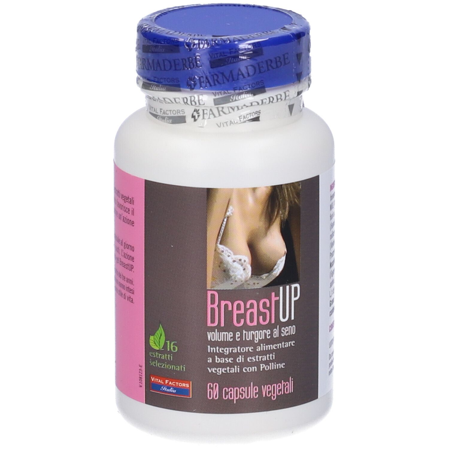 Flacone bianco con tappo blu. Etichetta rosa con immagine del prodotto e testo: BreastUP, 60 capsule.