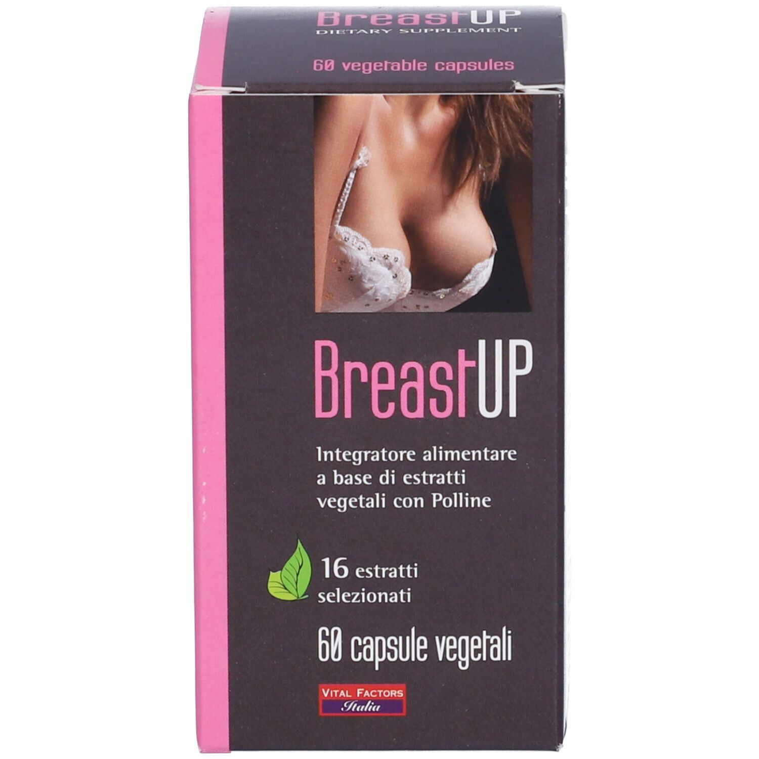 Scatola con immagine del prodotto. Testo: BreastUP, 60 capsule, 16 estratti. Colori rosa e nero.