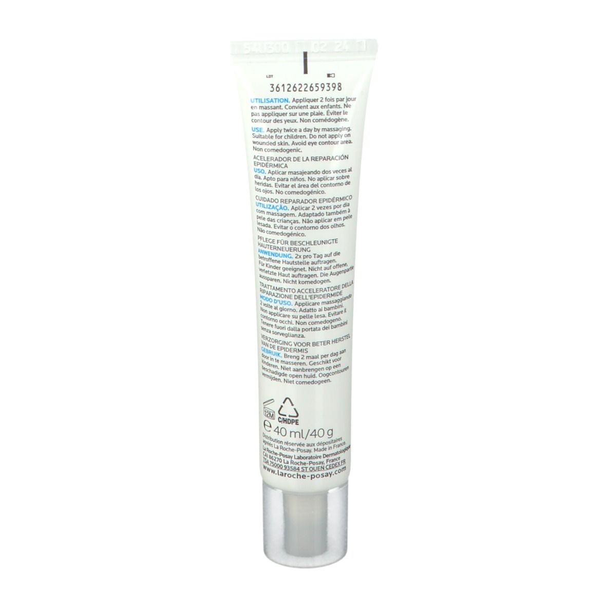 Retro del tubo La Roche-Posay CICAPLAST GEL B5. Testo multilingue. 40ml.