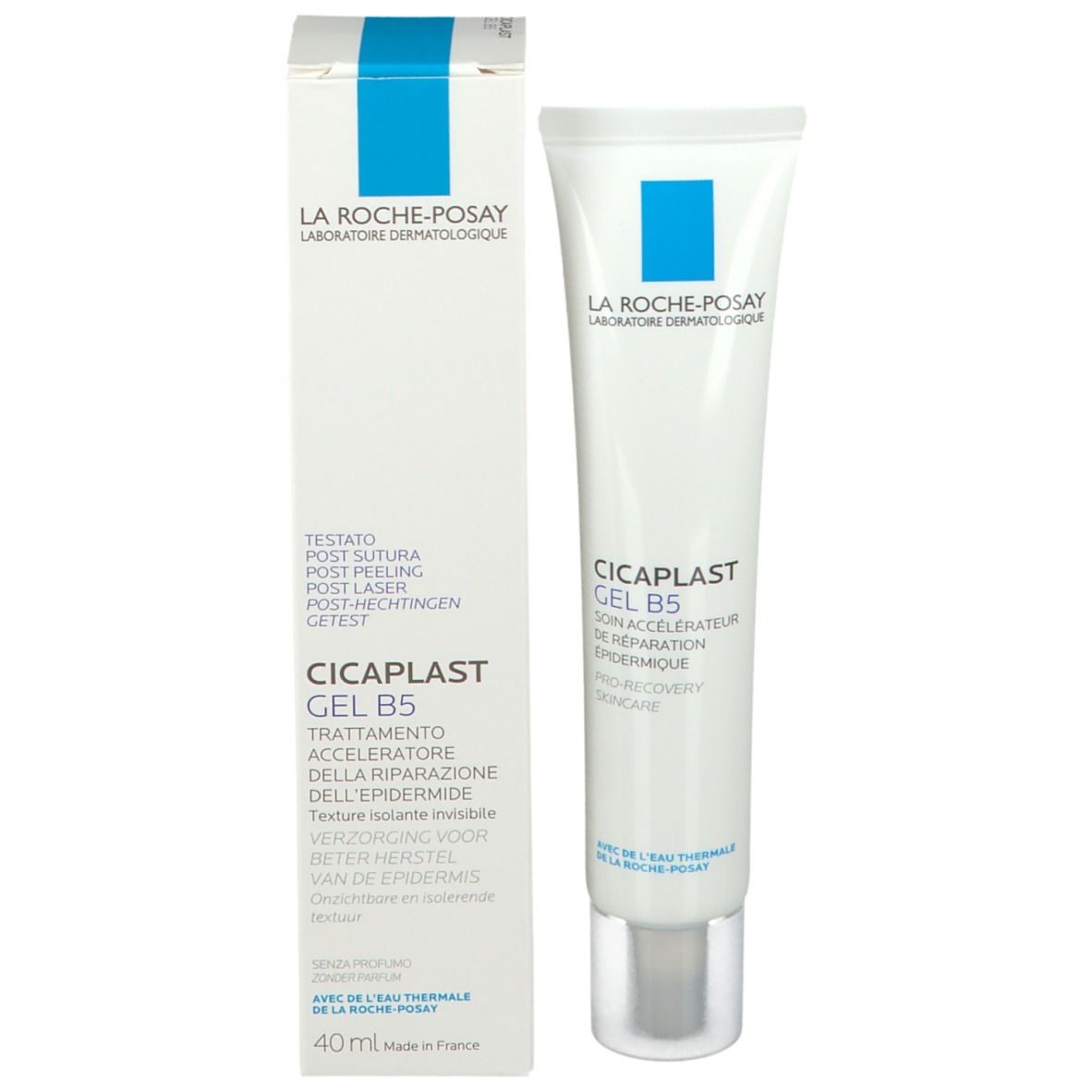 La Roche-Posay CICAPLAST GEL B5 e confezione. Testo e logo blu. 40ml.