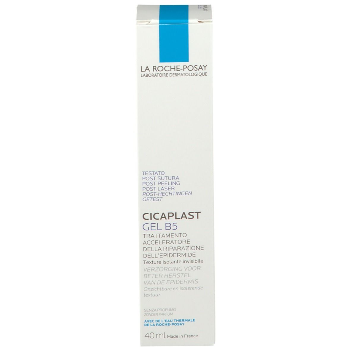 Confezione La Roche-Posay CICAPLAST GEL B5. Testo e logo blu. 40ml.
