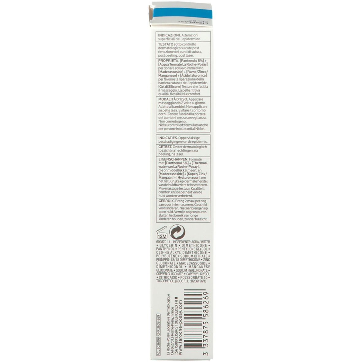 Retro della confezione La Roche-Posay CICAPLAST GEL B5. Testo multilingue. 40ml.