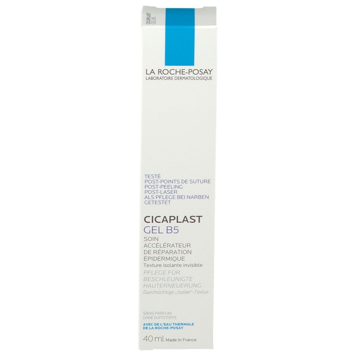 Confezione La Roche-Posay CICAPLAST GEL B5. Testo e logo blu. 40ml.