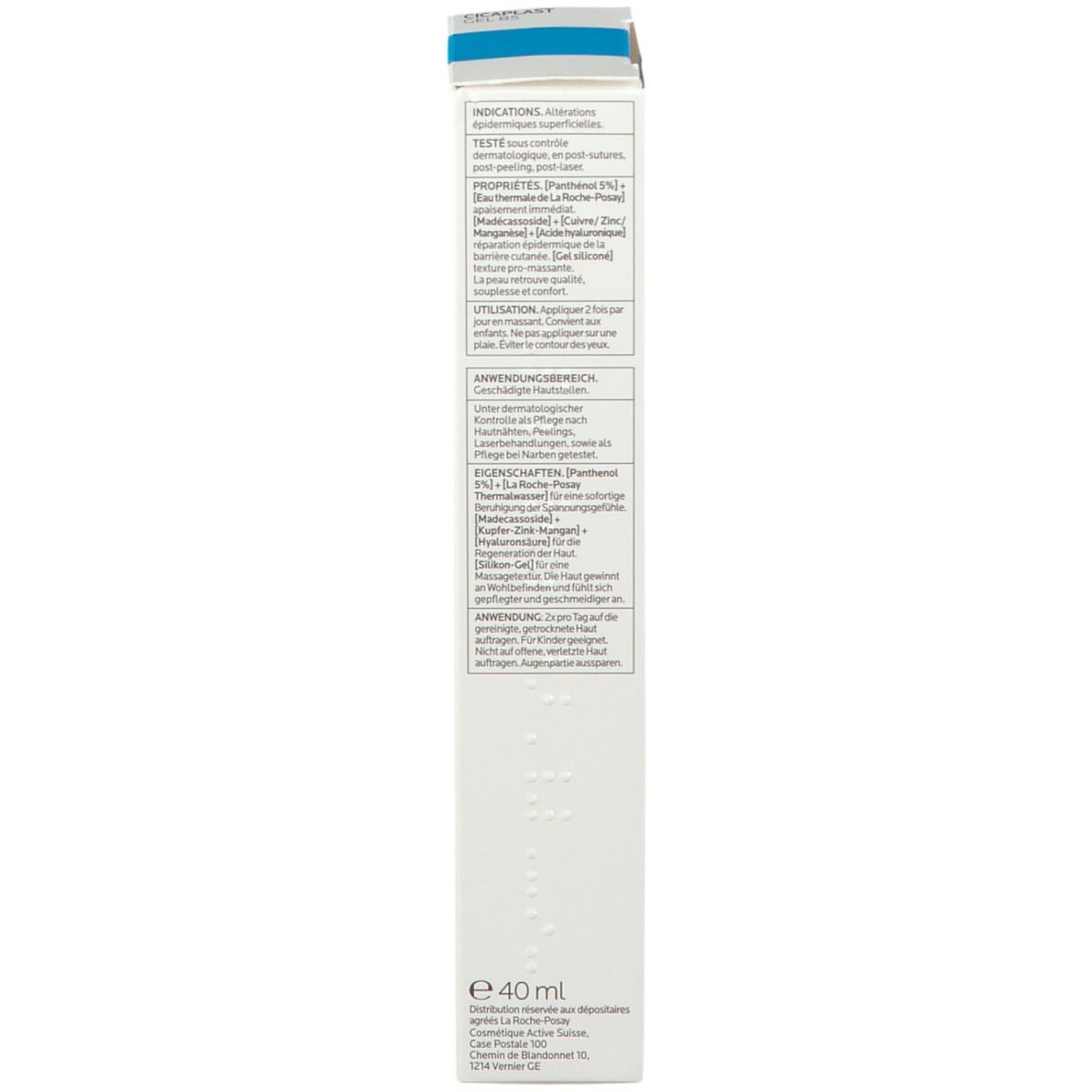 Retro della confezione La Roche-Posay CICAPLAST GEL B5. Testo multilingue. 40ml.