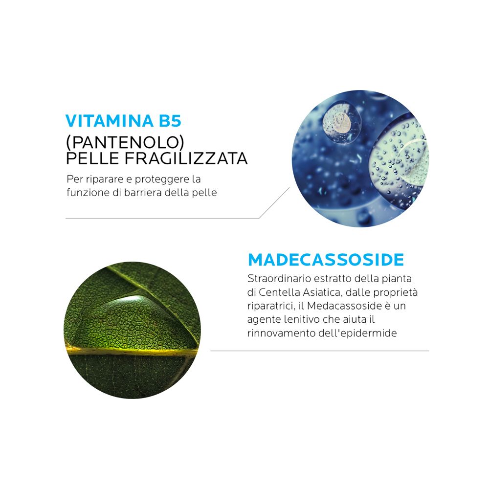 Grafica con ingredienti: Vitamina B5 e Madecassoside. Cerchi blu con testo in italiano.