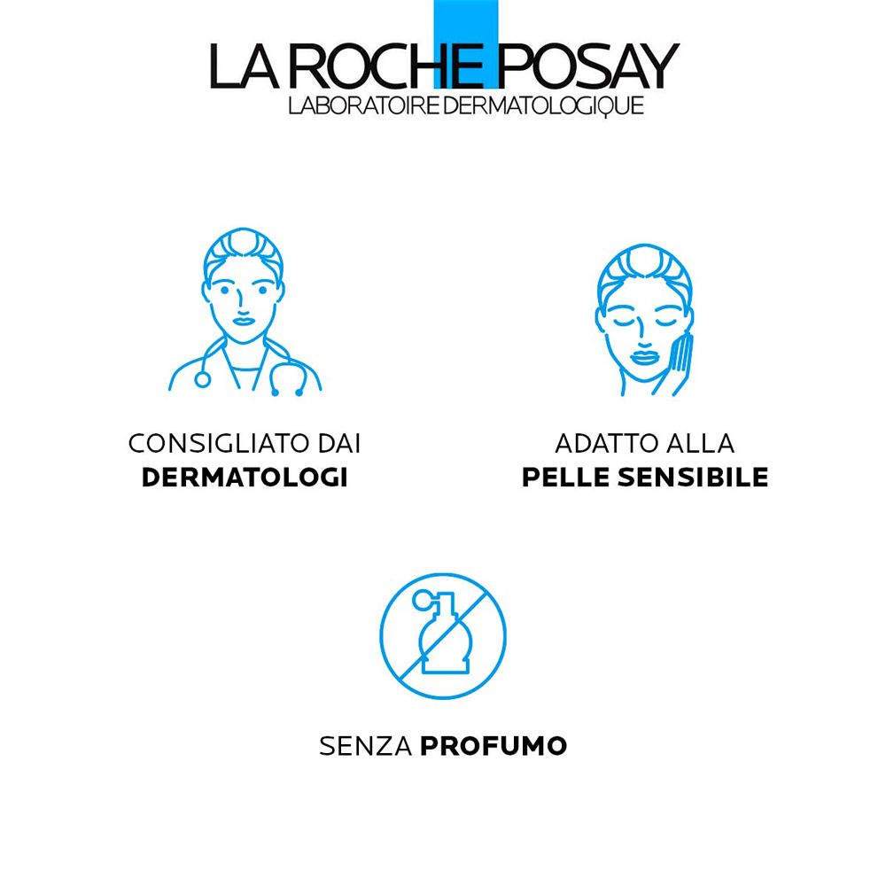 Grafica con testo: Consigliato dai Dermatologi, Adatto alla pelle sensibile, Senza profumo. Icone blu.