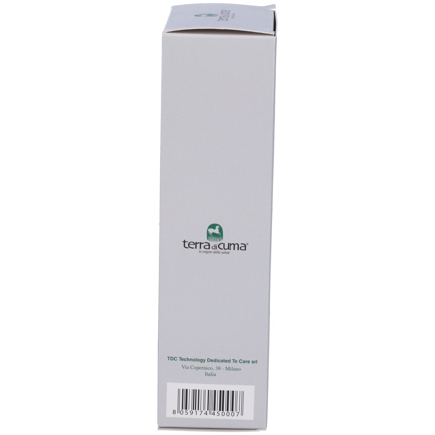Graue Schachtel mit Logo und Barcode. Text auf der Seite.
