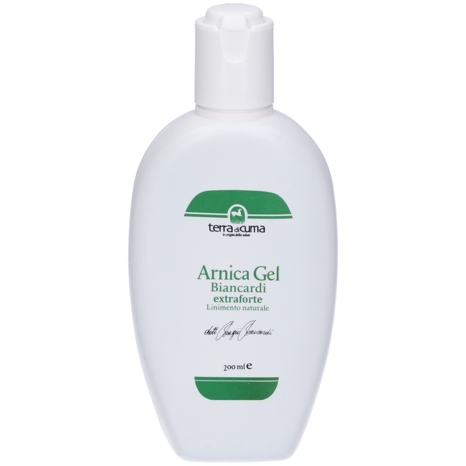 Flacone bianco con etichetta verde. Testo: Arnica Gel Biancardi extraforte, 200 ml. Marchio: terra di cuma.