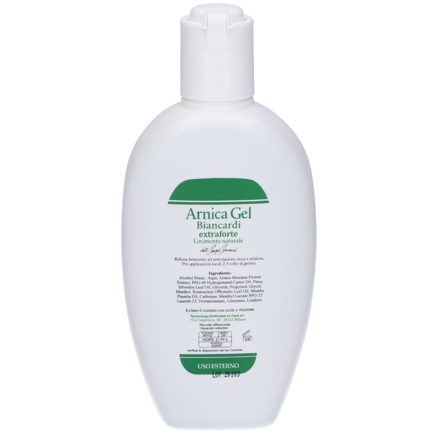 Retro del flacone bianco con etichetta verde. Testo: Ingredienti, Uso Esterno. Marchio: terra di cuma.