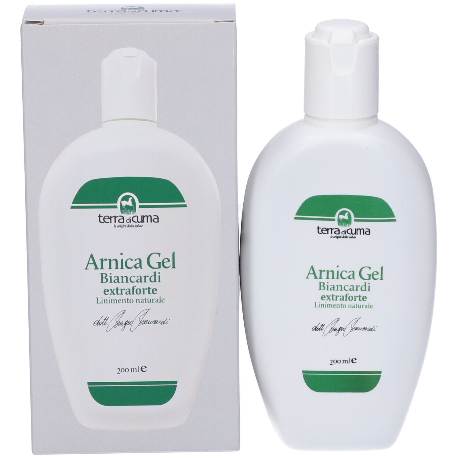 Due flaconi bianchi con etichetta verde e una scatola bianca. Testo: Arnica Gel Biancardi extraforte. Marchio: terra di cuma.