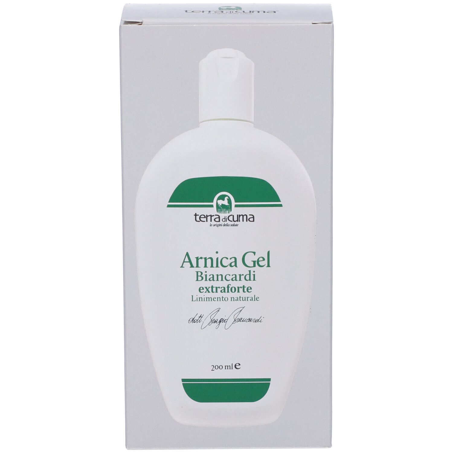 Flacone bianco con etichetta verde in una scatola bianca. Testo: Arnica Gel Biancardi extraforte. Marchio: terra di cuma.