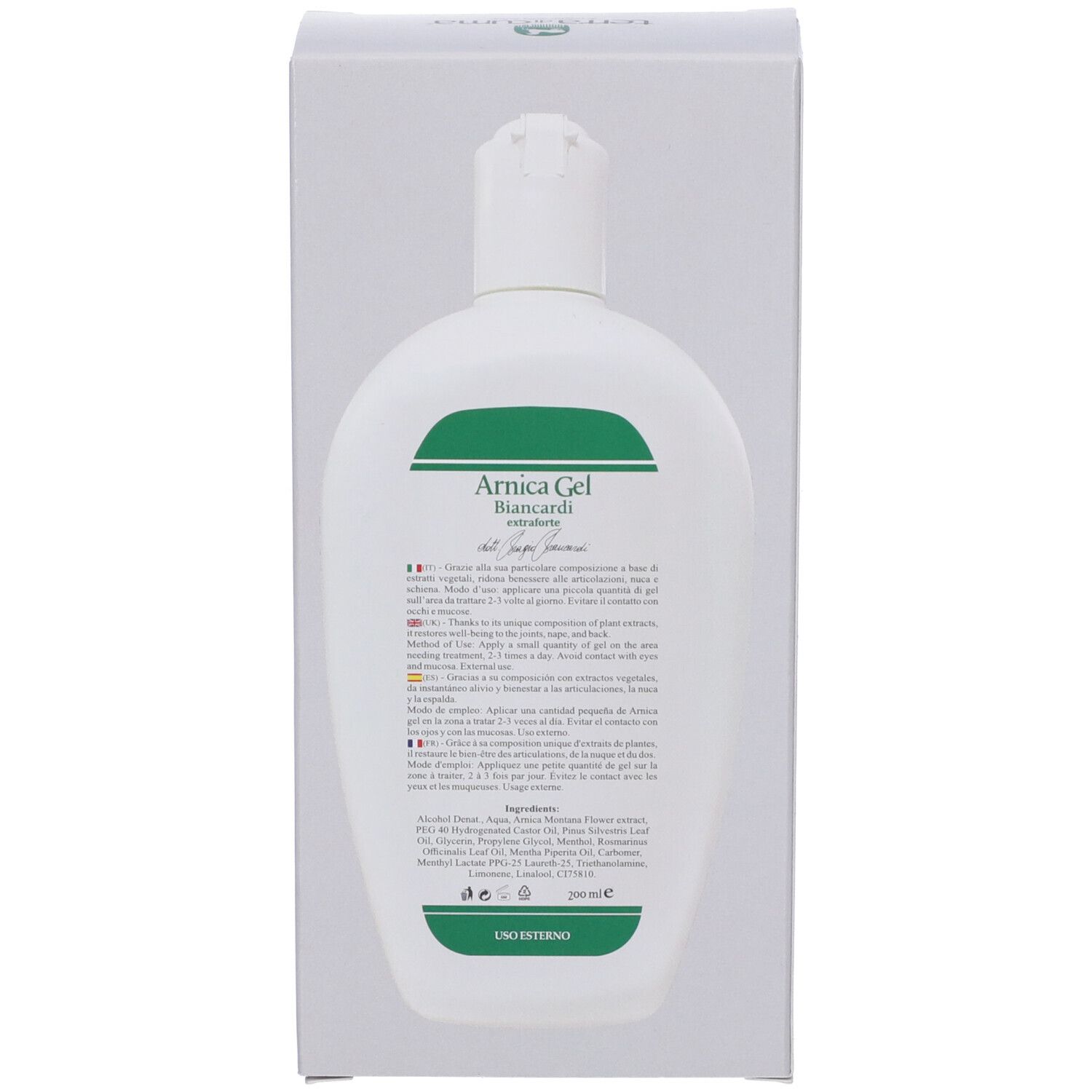 Retro del flacone bianco con etichetta verde in una scatola bianca. Testo: Ingredienti, Uso Esterno. Marchio: terra di cuma.
