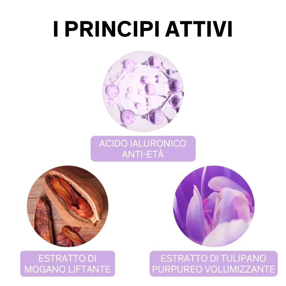 Tre cerchi con ingredienti: Acido ialuronico, Estratto di mogano, Estratto di tulipano porpora. Testo italiano.