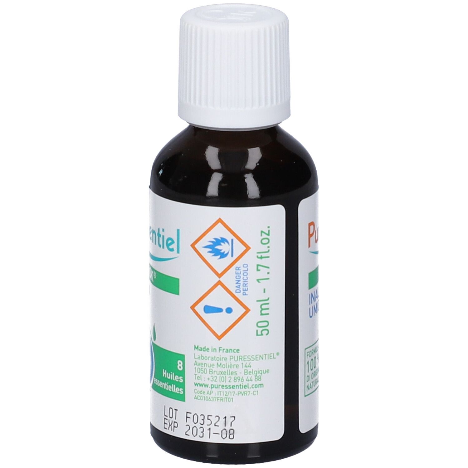 Braune Glasflasche mit weißem Deckel. Etikett mit Produktnamen, Marke und Inhaltsangaben. 50 ml.