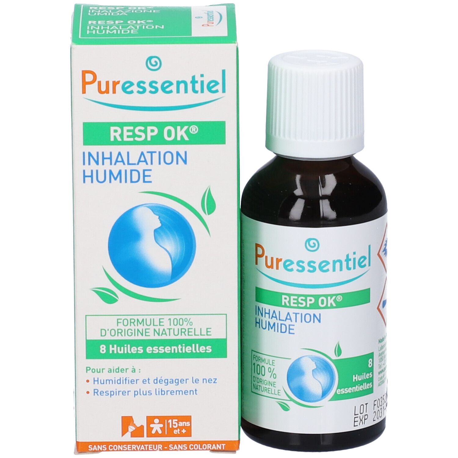 Produktflasche und Verpackung. Braune Flasche mit weißem Deckel. Karton mit Produktnamen, Marke und Inhaltsangaben.