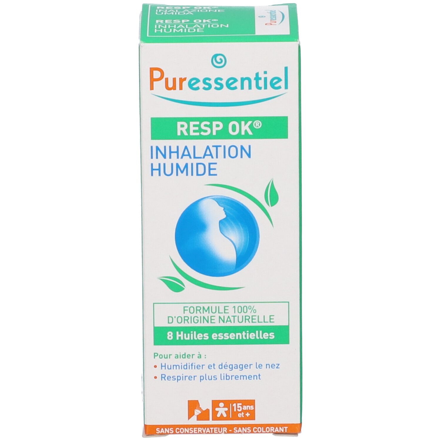 Weiße Verpackung mit Produktnamen, Marke und Inhaltsangaben. Illustration einer Person.