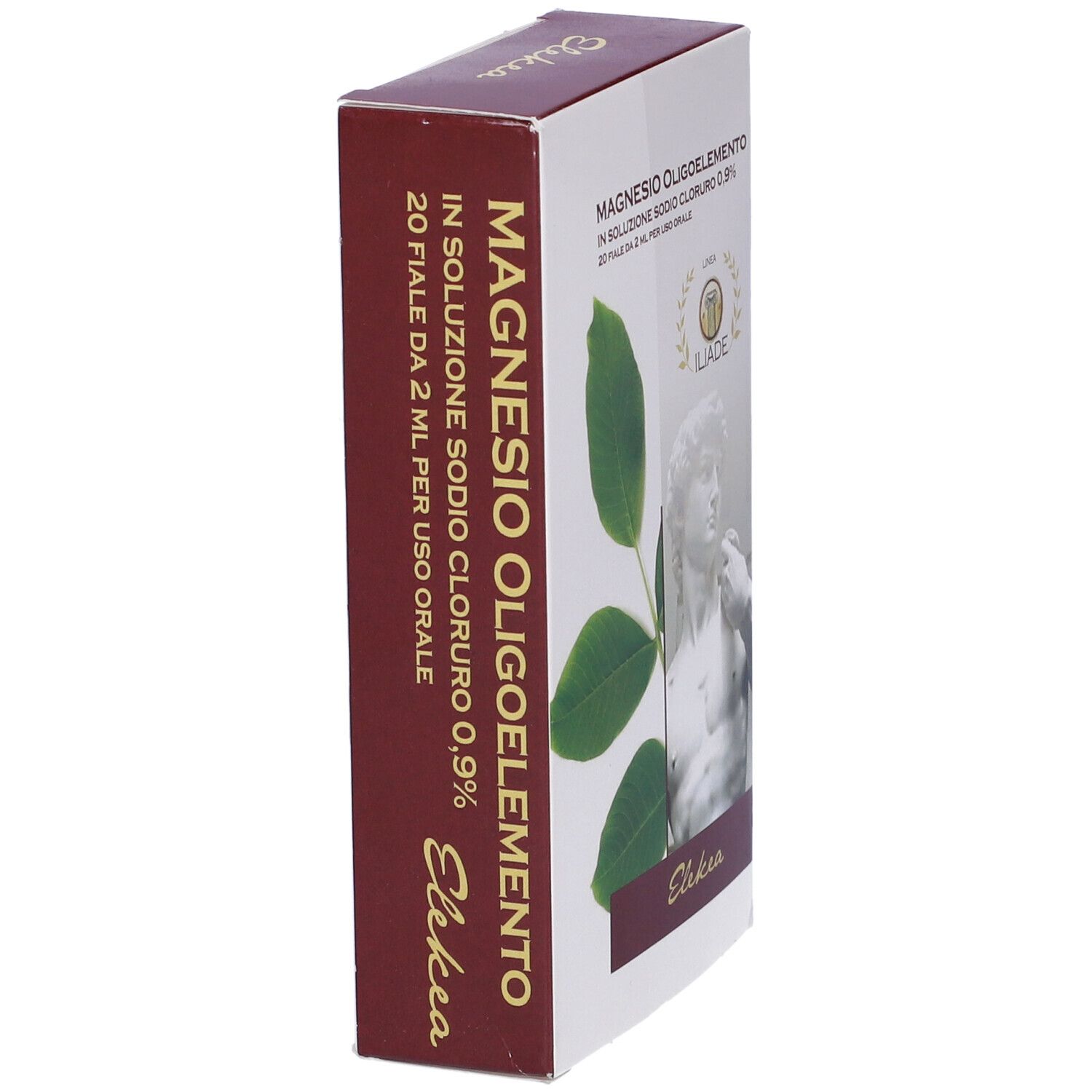 Confezione prodotto con testo: Magnesio Oligoelemento. Vista laterale.
