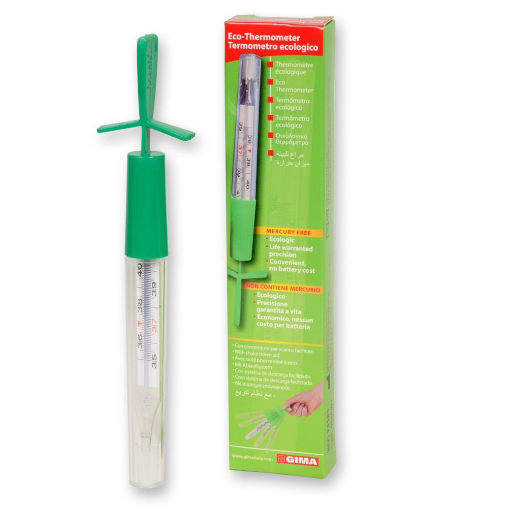 Thermometer mit grünem Griff und Schutzhülle. Verpackung mit Produktinformationen. GIMA-Logo sichtbar.