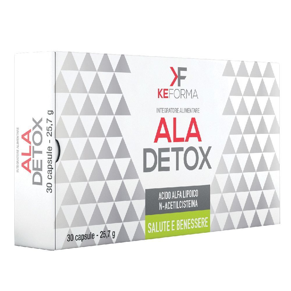 Scatola bianca con scritta « ALA DETOX ». Contiene 30 capsule. Marchio: KEFORMA. Scritta: « SALUTE E BENESSERE ».