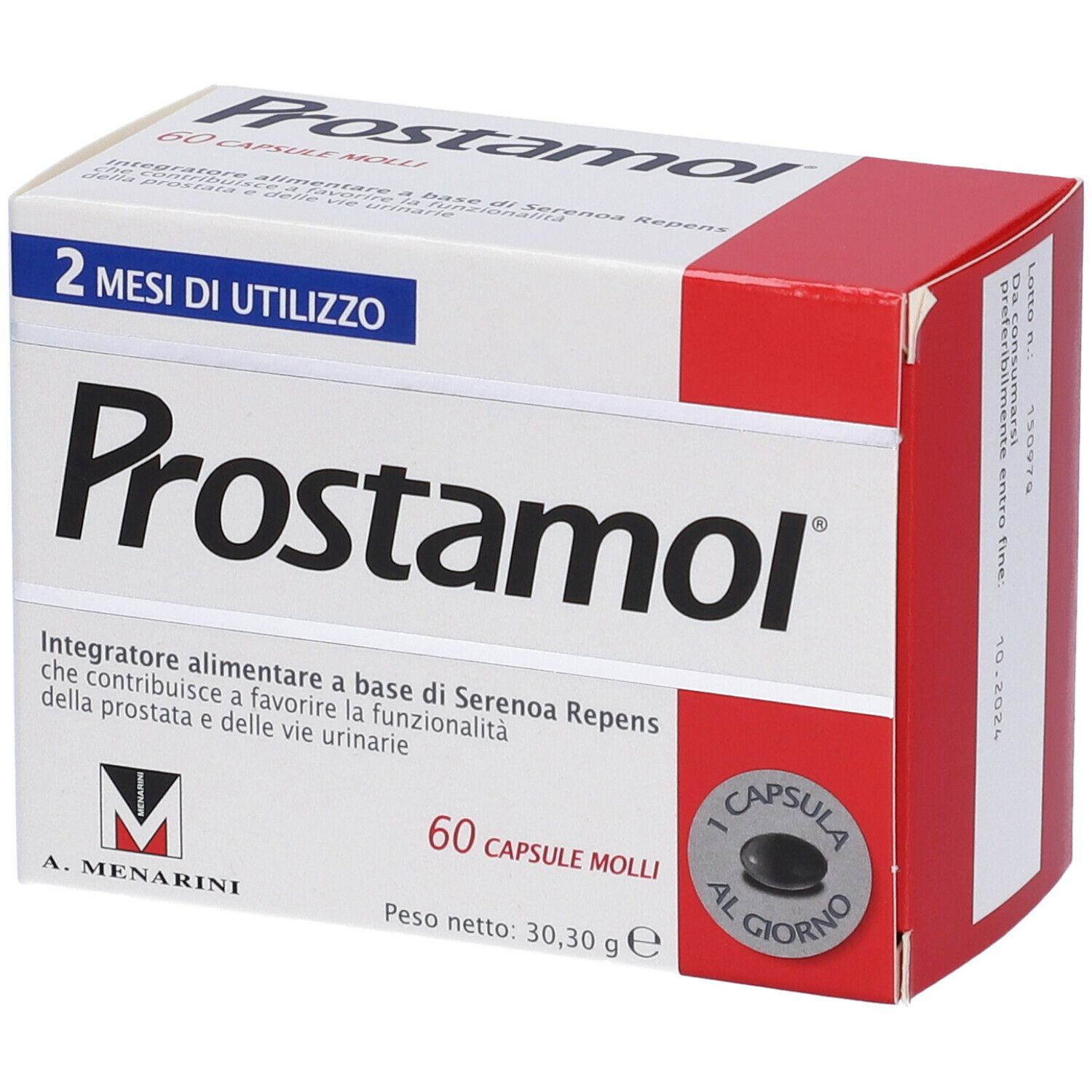 Confezione di Prostamol. 60 capsule. Integratore per prostata e vie urinarie. 2 mesi.