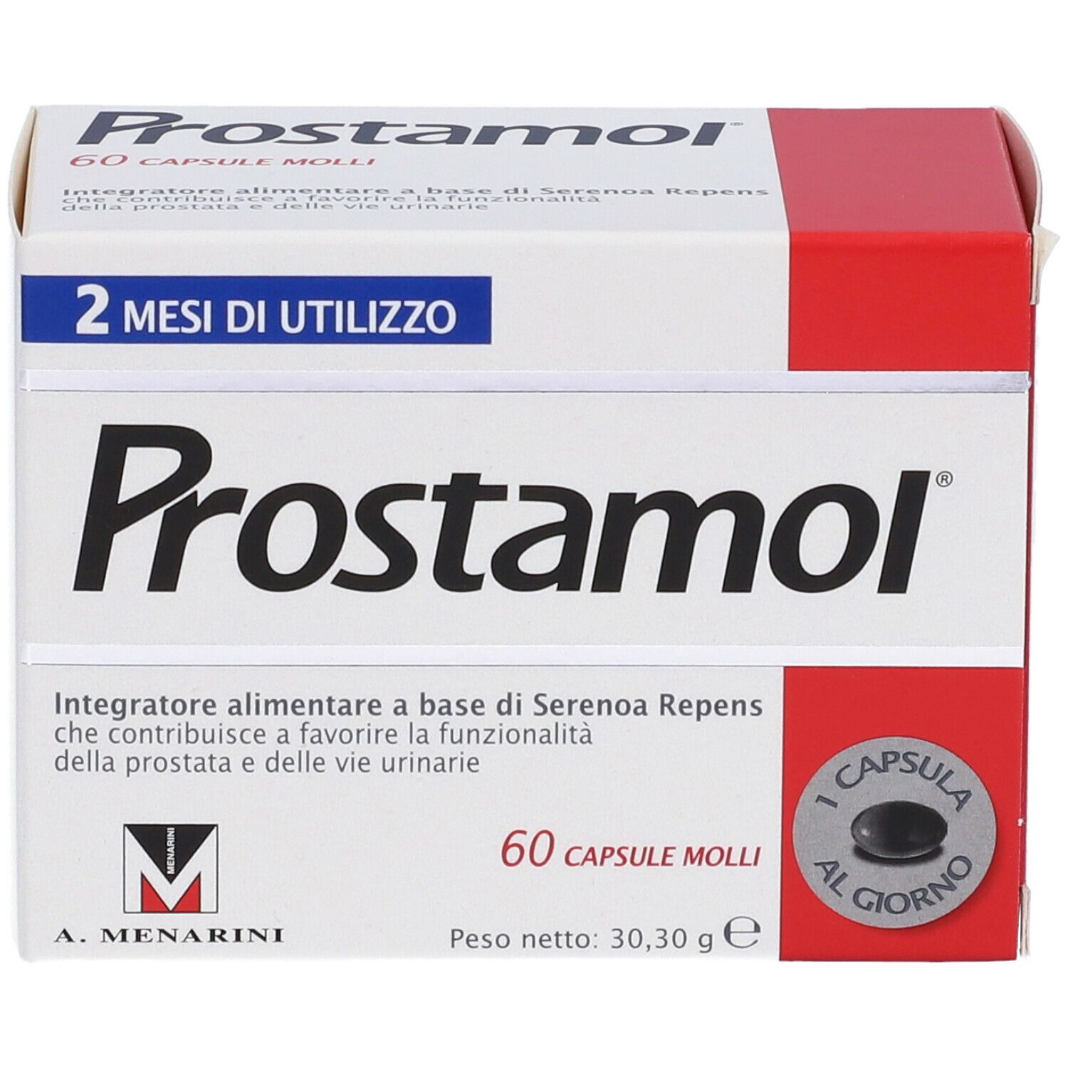 Confezione di Prostamol. 60 capsule. Integratore per prostata e vie urinarie. 2 mesi.