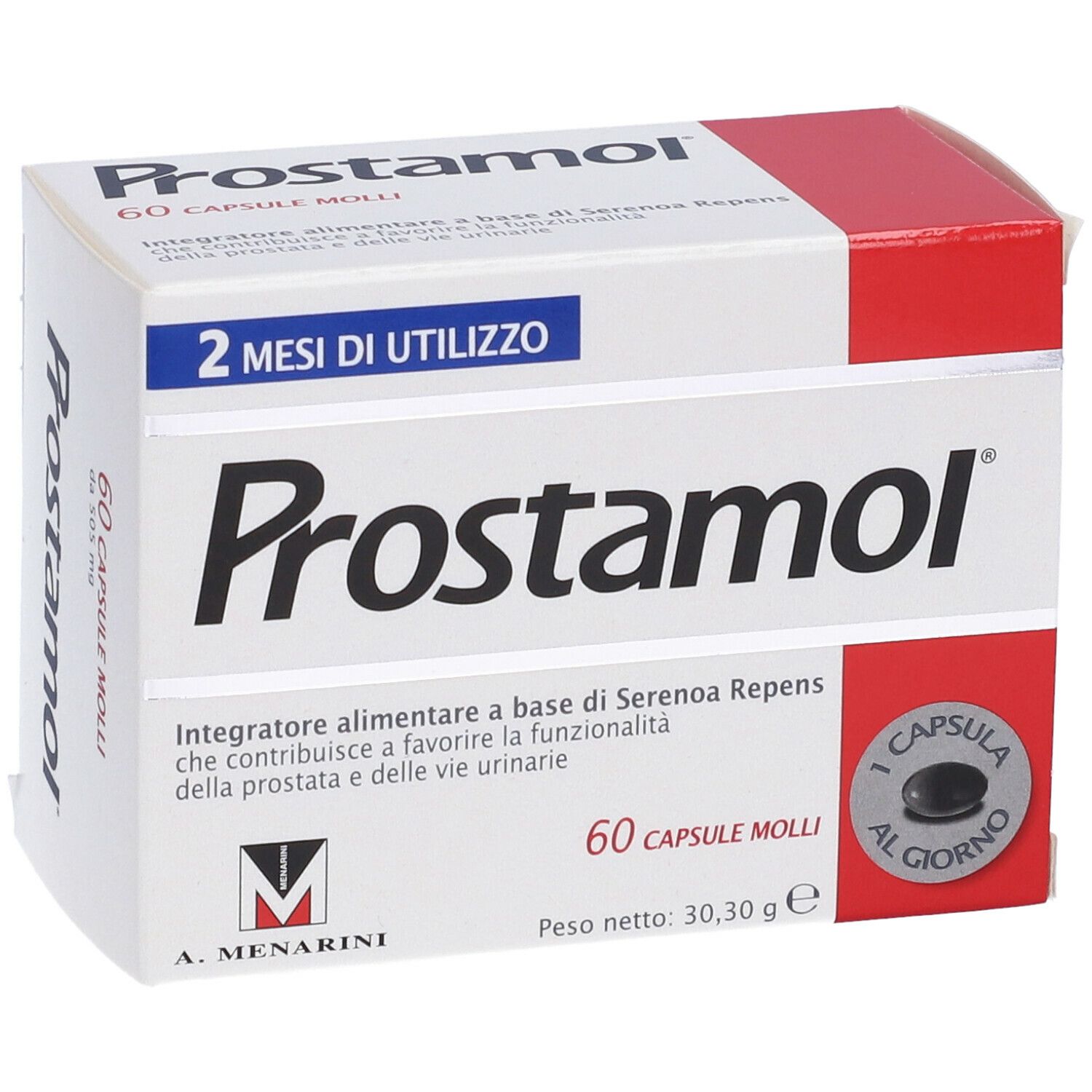 Confezione di Prostamol. 60 capsule. Integratore per prostata e vie urinarie. 2 mesi.