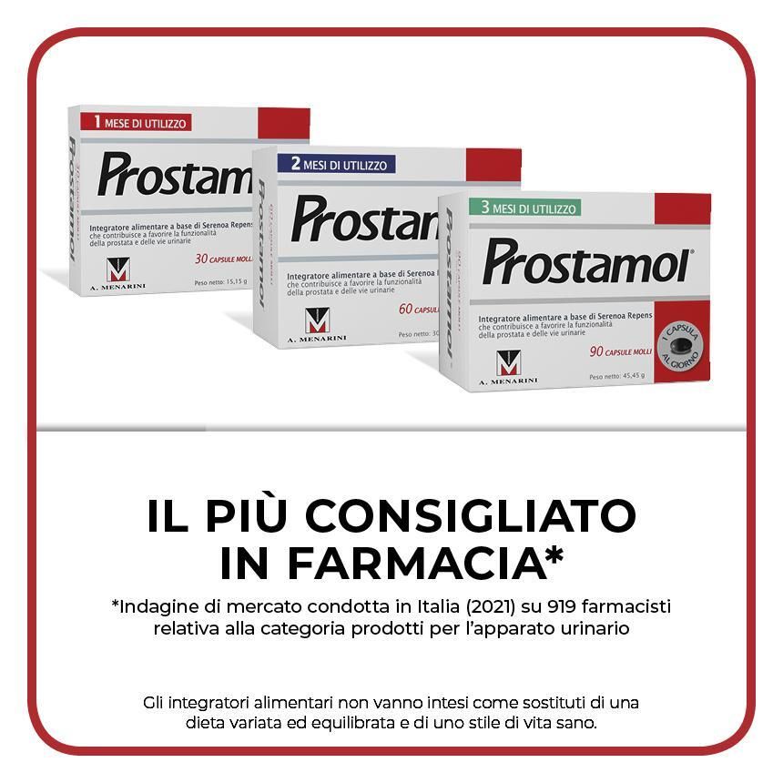 Confezioni di Prostamol. 30, 60 e 90 capsule. Integratore per la prostata. Il più consigliato in farmacia.