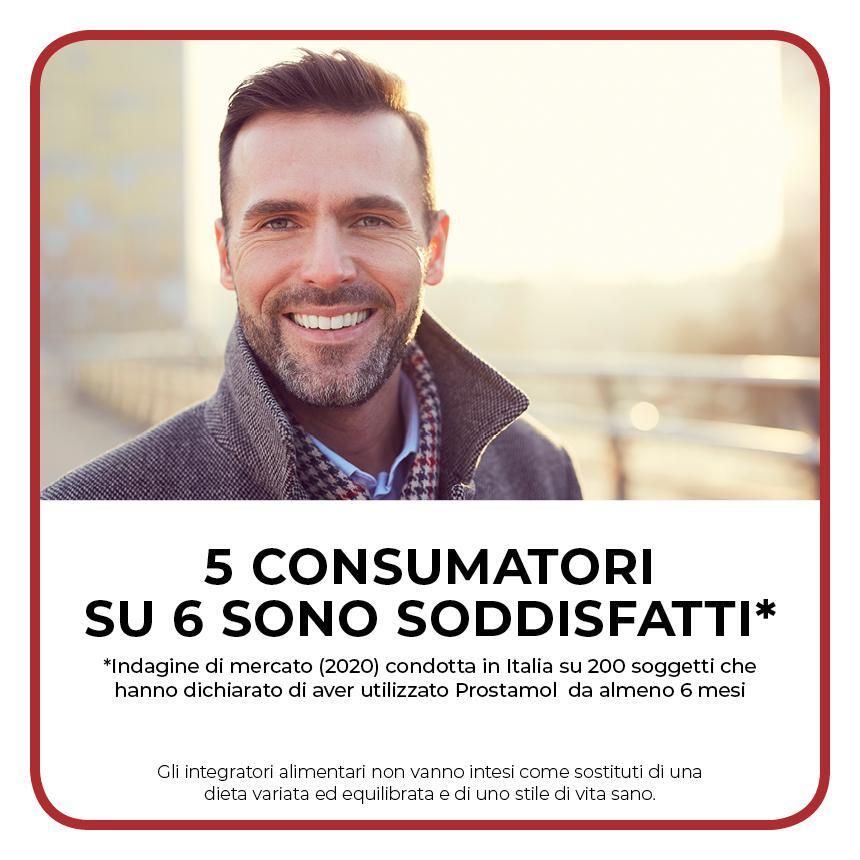 Uomo sorridente. 5 consumatori su 6 sono soddisfatti. Integratore per la prostata.