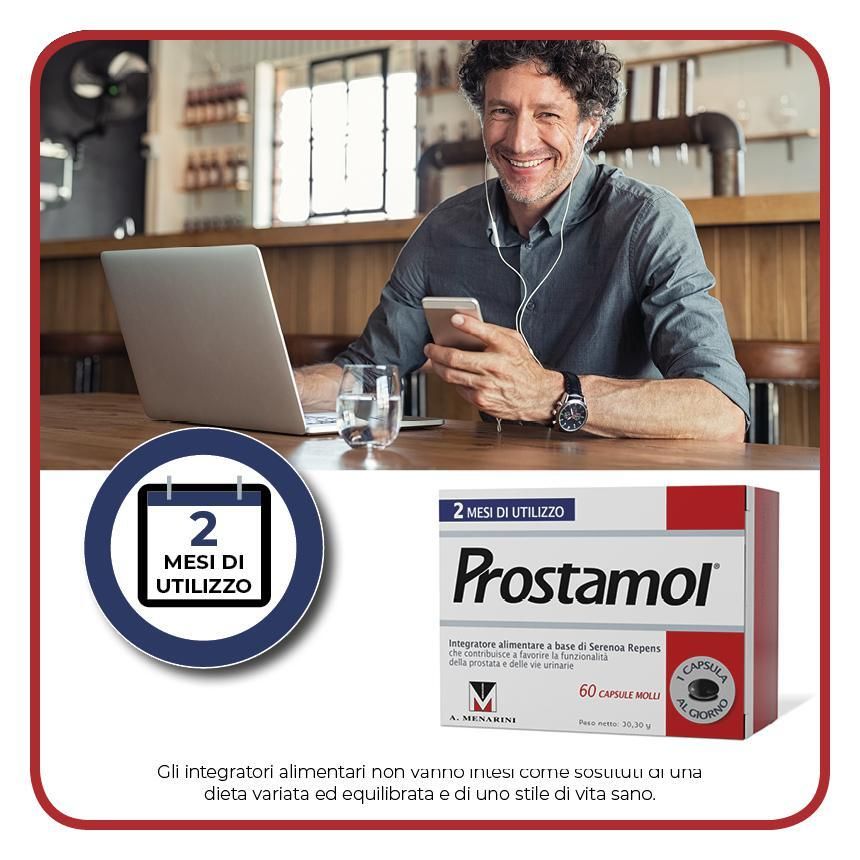 Uomo con laptop e smartphone. Confezione di Prostamol. 60 capsule. Integratore per la prostata.