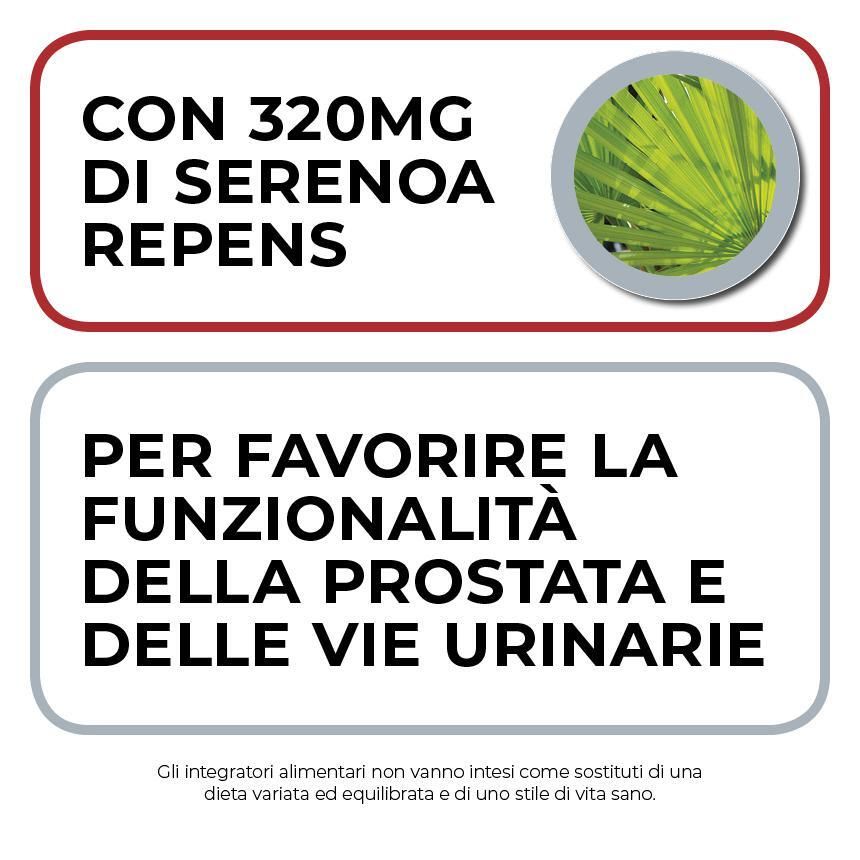 Testo: Con 320mg di Serenoa Repens. Per la prostata e le vie urinarie. Integratore alimentare.