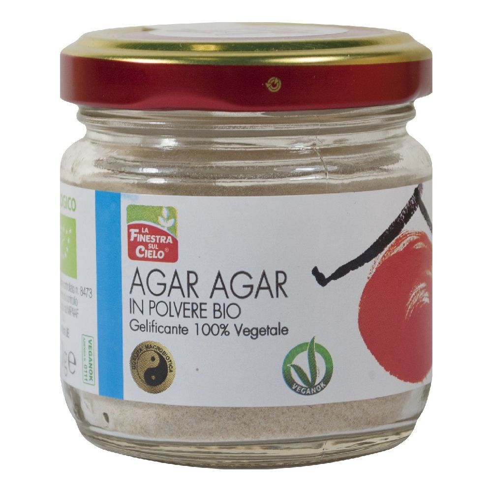 Vasetto di polvere di Agar Agar. Etichetta con nome prodotto, logo e certificazioni. Coperchio rosso. Vegano.
