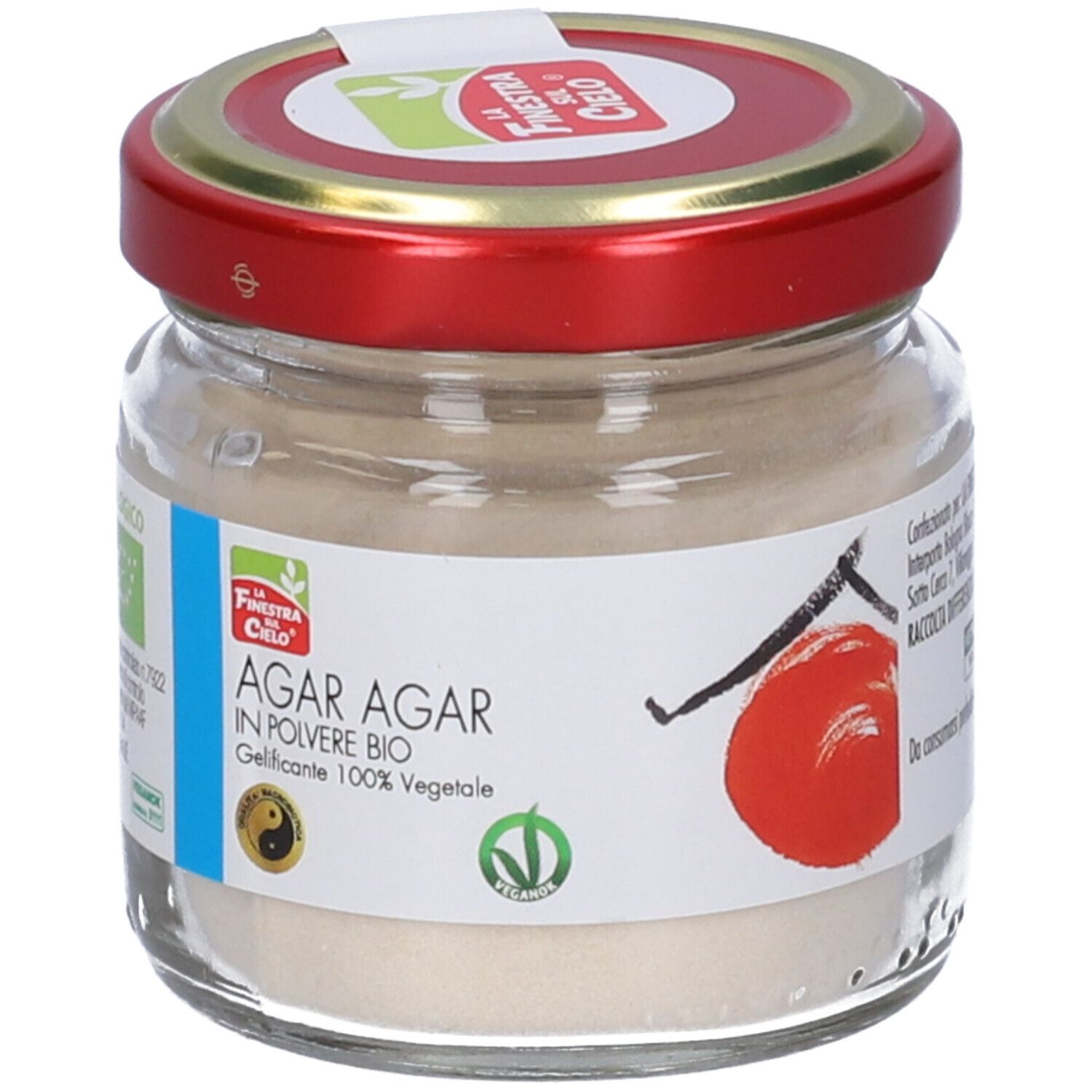 Vasetto di polvere di Agar Agar. Etichetta con nome prodotto, logo e certificazioni. Coperchio rosso. Vegano.