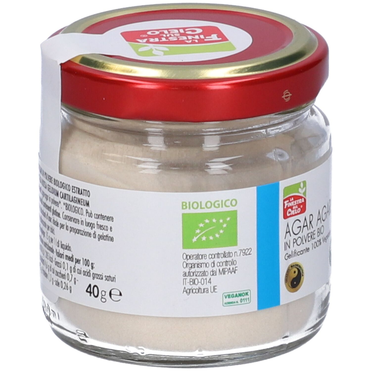 Vasetto di polvere di Agar Agar. Etichetta con nome prodotto, logo e certificazioni. Coperchio rosso. Vegano.