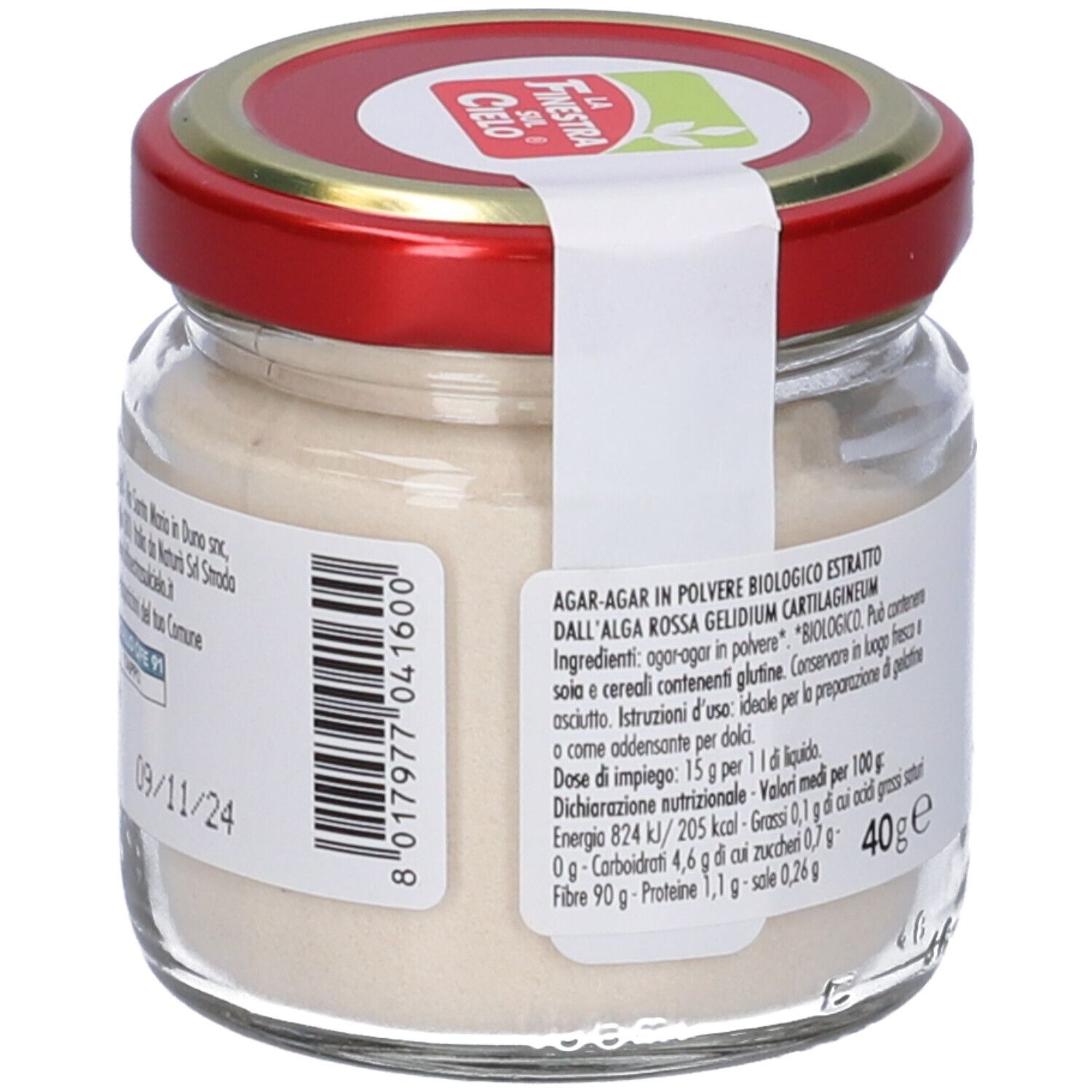 Vasetto di polvere di Agar Agar. Etichetta con nome prodotto, logo e certificazioni. Coperchio rosso. Vegano. 40g.
