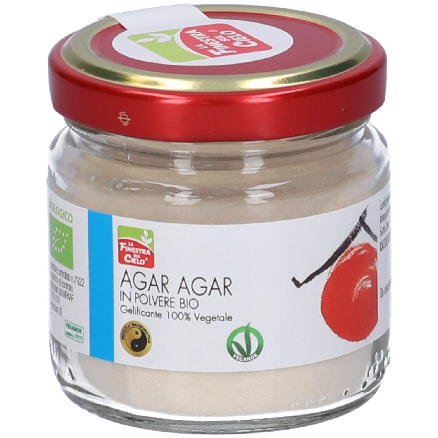 Vasetto di polvere di Agar Agar. Etichetta con nome prodotto, logo e certificazioni. Coperchio rosso. Vegano. 40g.