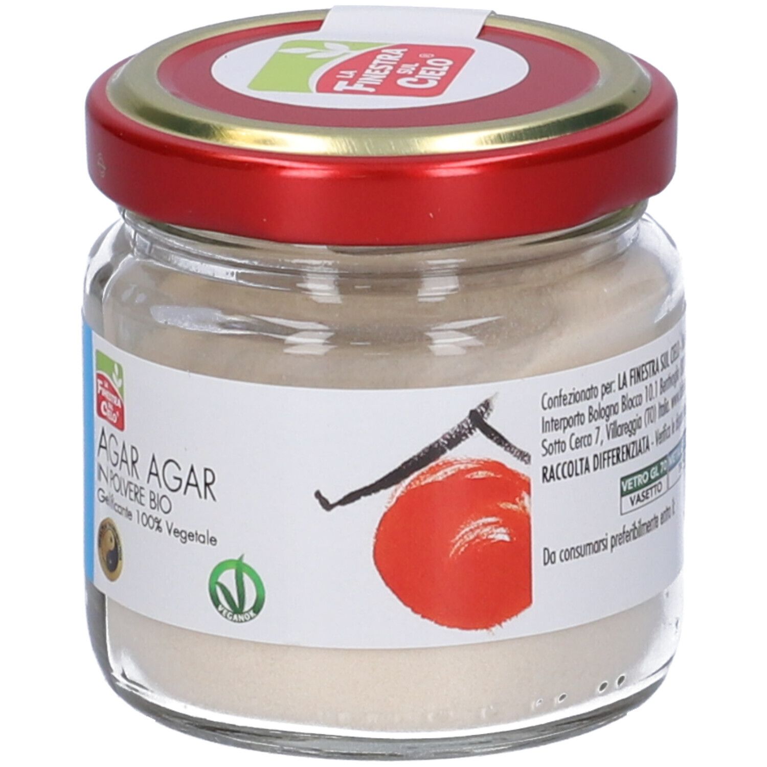 Vasetto di polvere di Agar Agar. Etichetta con nome prodotto, logo e certificazioni. Coperchio rosso. Vegano. 40g.