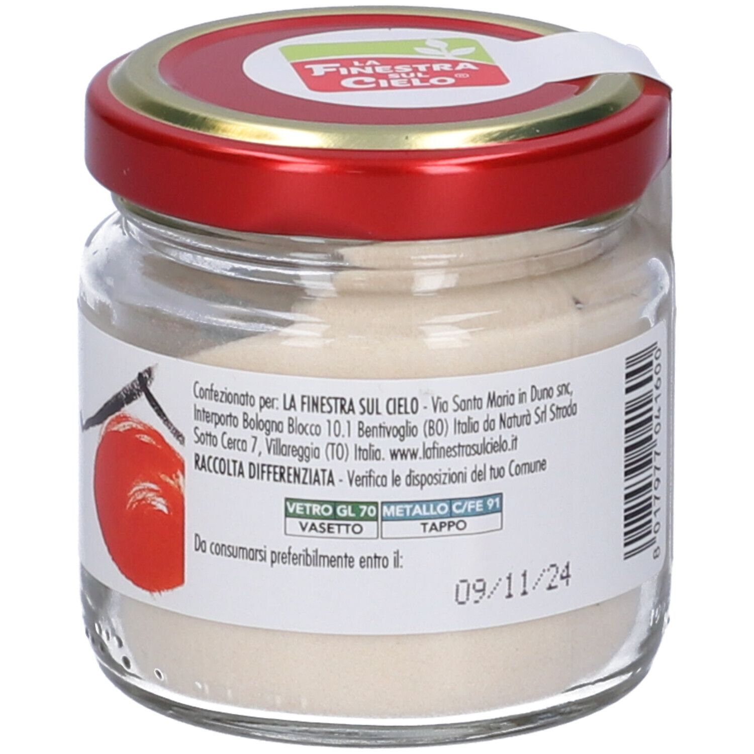 Vasetto di polvere di Agar Agar. Etichetta con nome prodotto, logo e certificazioni. Coperchio rosso. Vegano. 40g.