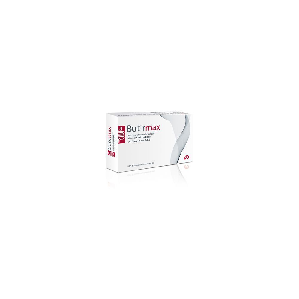 Scatola bianca con logo rosso e scritta Butirmax. Scritta: Integratore, 30 compresse. Vista del prodotto.