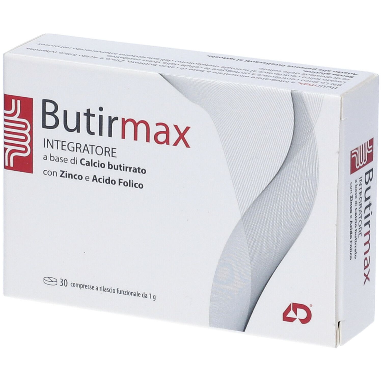 Scatola bianca, logo rosso e scritta Butirmax. Testo: Integratore, a base di Calcio butirrato, con Zinco e Acido Folico. 30 compresse.