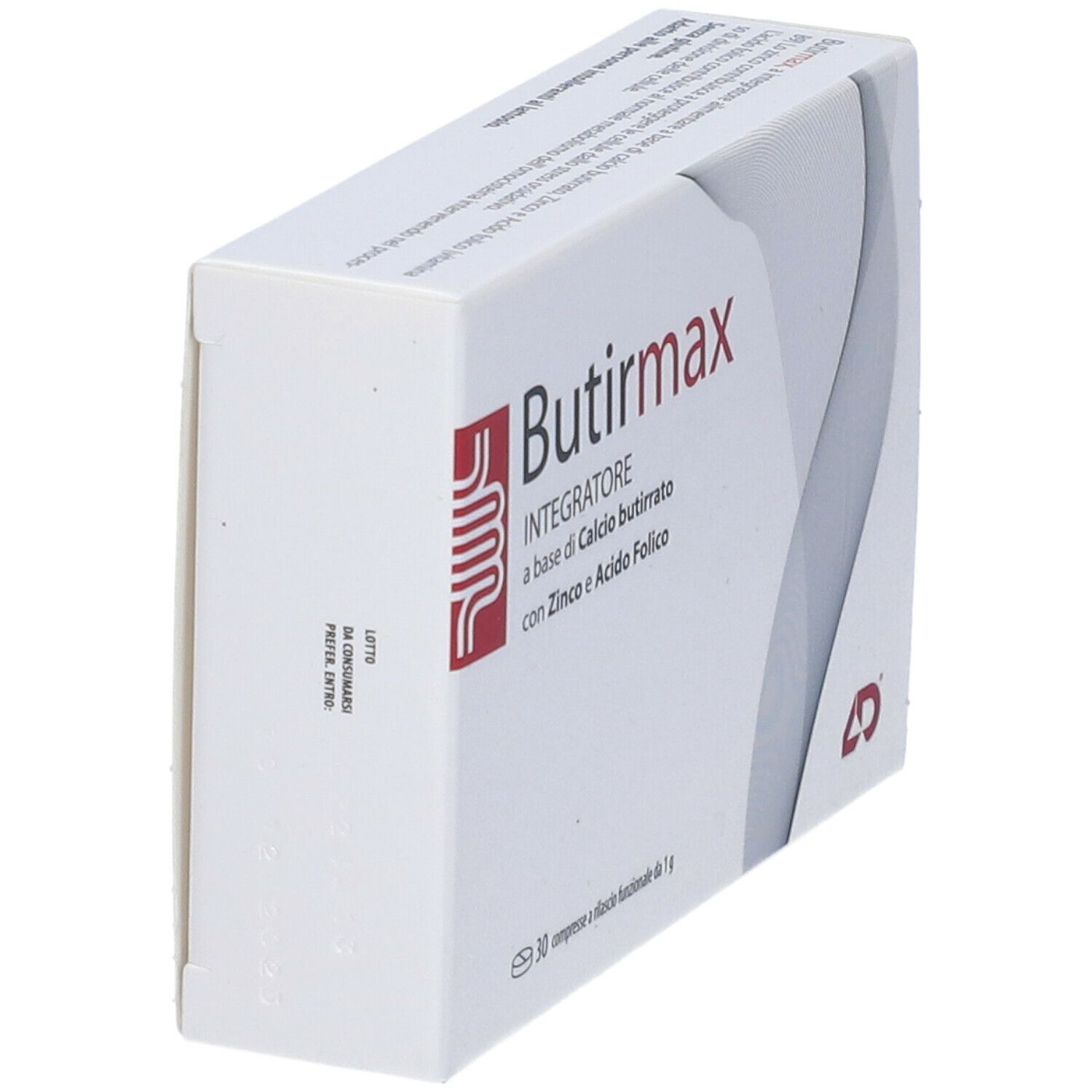 Scatola bianca, logo rosso e scritta Butirmax. Testo: Integratore, a base di Calcio butirrato, con Zinco e Acido Folico. 30 compresse.