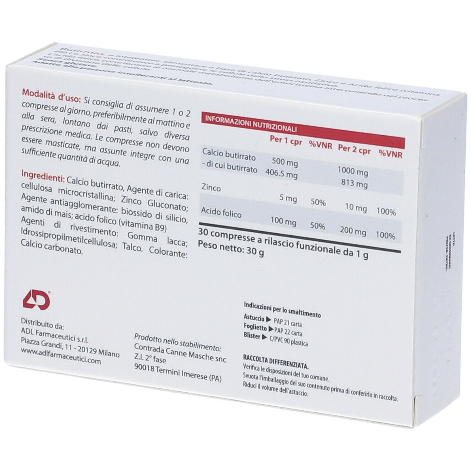 Retro della scatola bianca. Testo con ingredienti, informazioni nutrizionali e istruzioni per l'uso. 30 compresse a rilascio funzionale da 1 g.