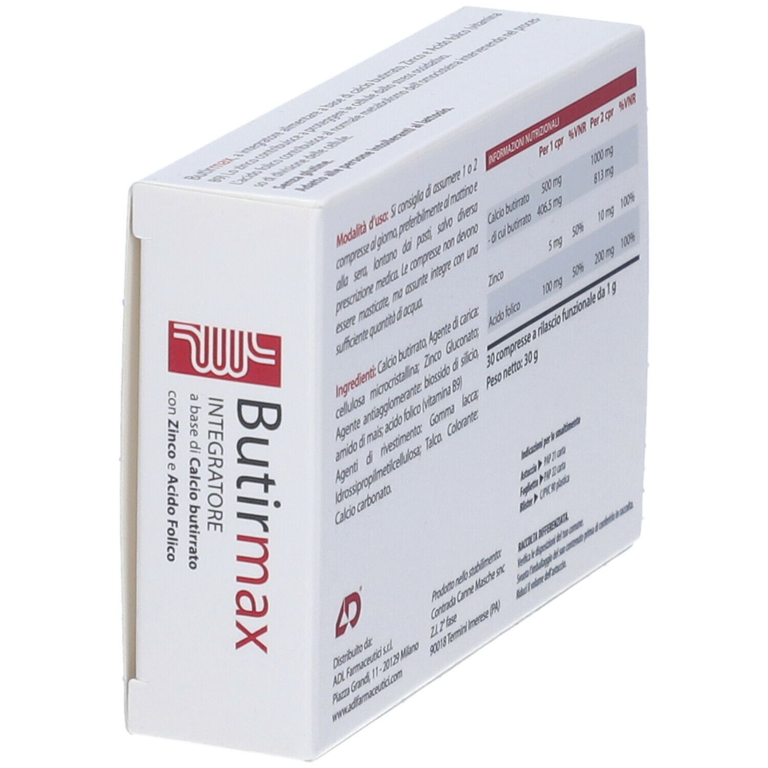 Scatola bianca, logo rosso e scritta Butirmax. Testo: Integratore, a base di Calcio butirrato, con Zinco e Acido Folico. 30 compresse.