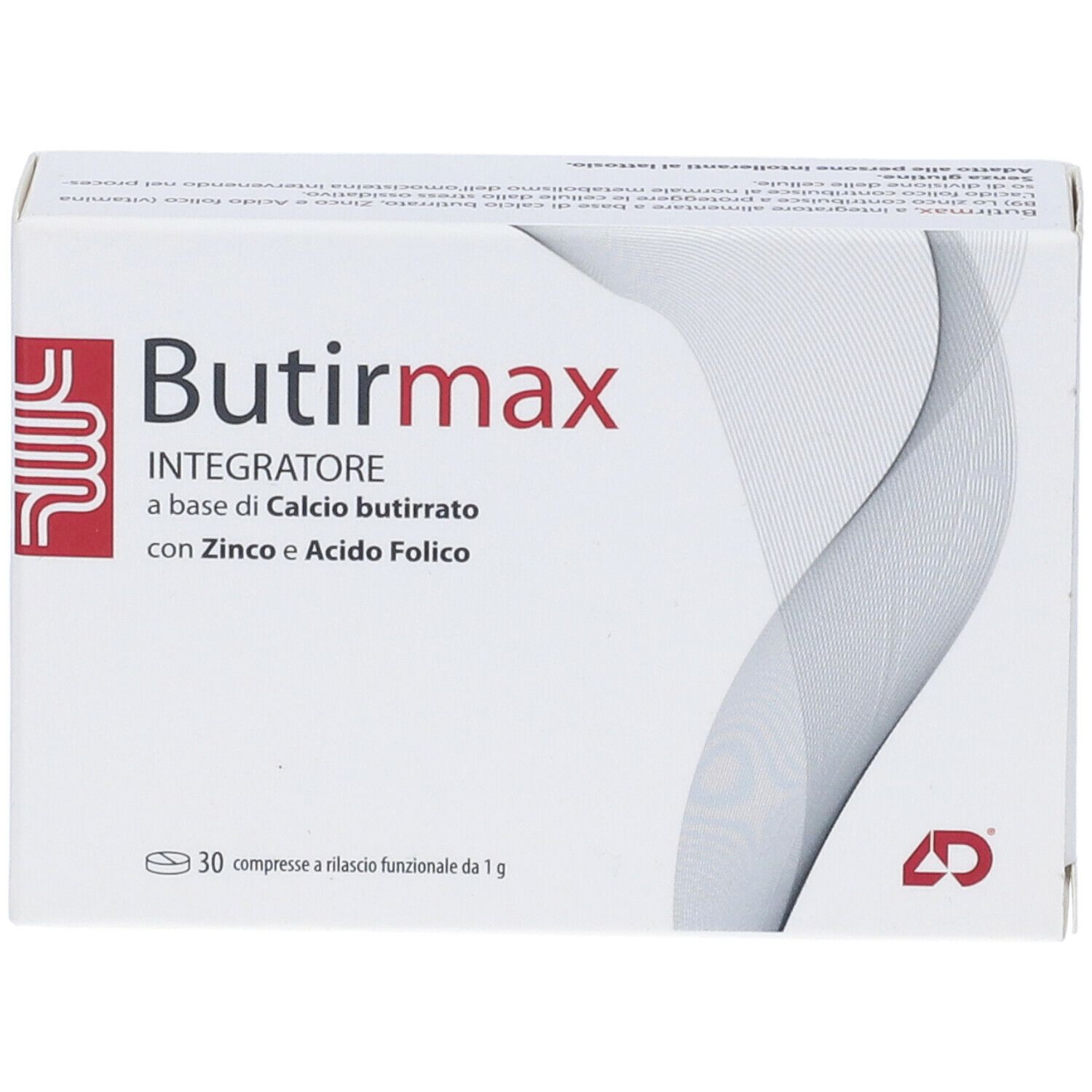 Scatola bianca con logo rosso e scritta Butirmax. Testo: Integratore, a base di Calcio butirrato, con Zinco e Acido Folico. 30 compresse.
