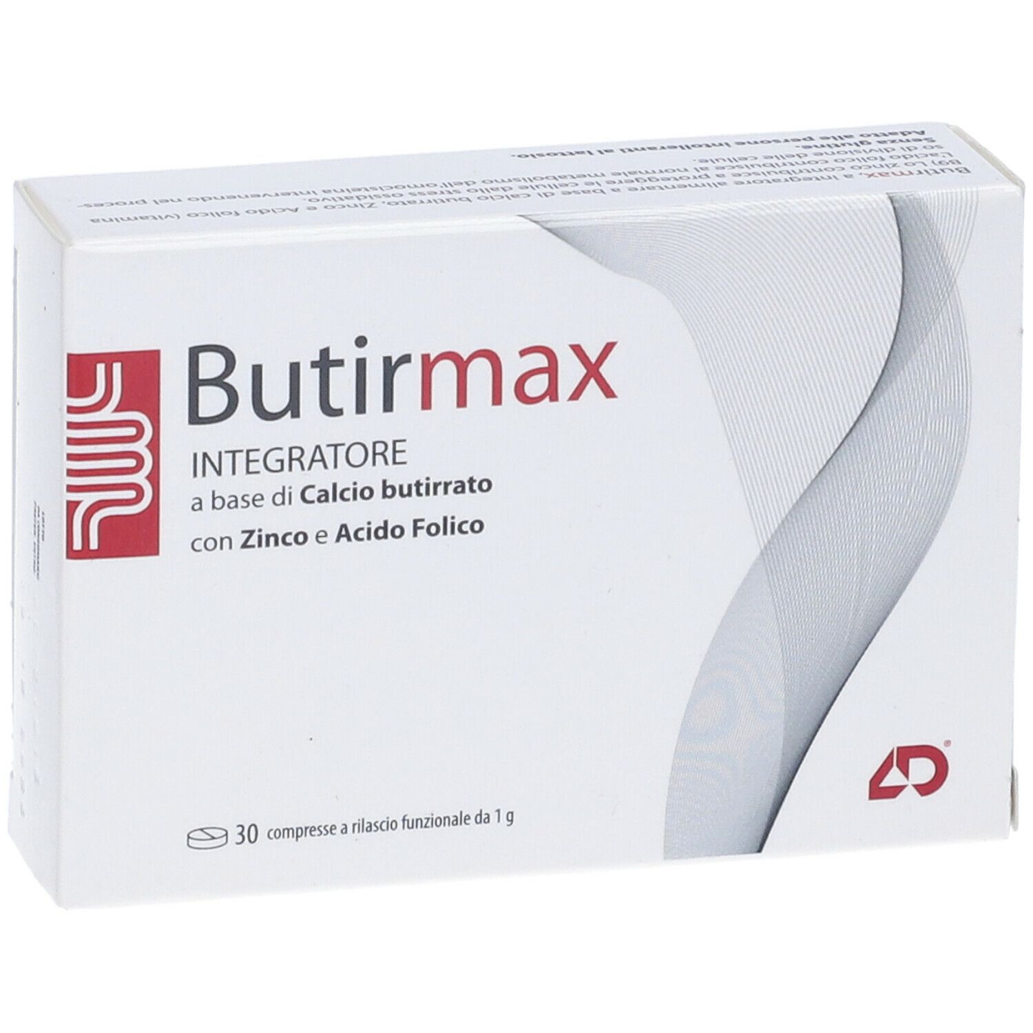 Scatola bianca con logo rosso e scritta Butirmax. Testo: Integratore, a base di Calcio butirrato, con Zinco e Acido Folico. 30 compresse.